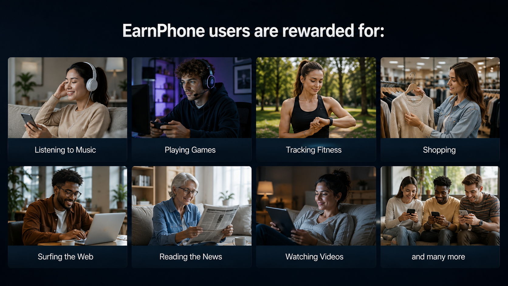 EarnPhone users are rewarded for listening to music, playing games, tracking fitness, shopping, surfing the web, reading the news, watching videos, and more.