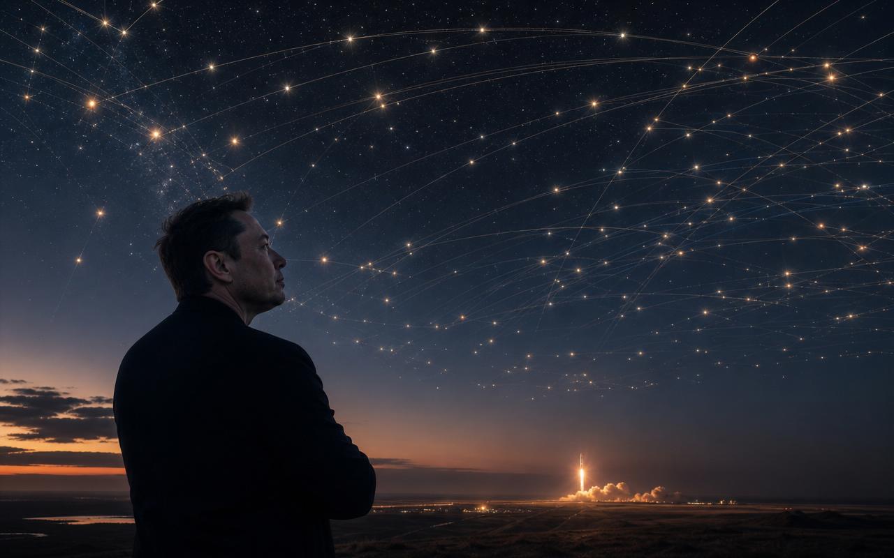 Silhouette of Elon Musk looking up at a night sky filled with Starlink satellites and a SpaceX rocket launching in the distance.